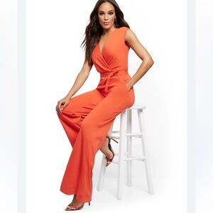 Sleeveless Orange Wrap Jumpsuit with Tie Waist